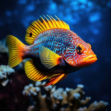 Experience the beauty of underwater colorism with this captivating scene of a rock beauty fish swimming amidst colorful coral reefs. AI generative