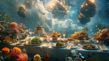 Extravagant Feast Laid Out on a Table in a Fantastical,Ethereal Setting with Colorful Dishes and Lavish Displays of Delicious Cuisine - obrazy, fototapety, plakaty