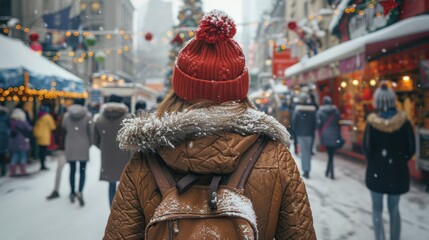 Woman Walking Down Snowy Street