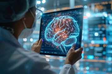 Doctor surgeon analyzing patient brain with human anatomy on technological digital tablet futuristic Ui and digital holographic innovative with science and medicine concept - obrazy, fototapety, plakaty