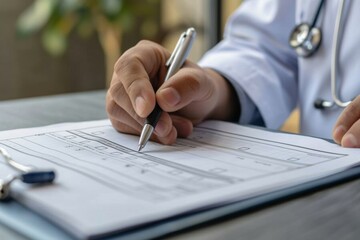 Doctor fills out the medical survey paperwork and checking mark on checkboxes