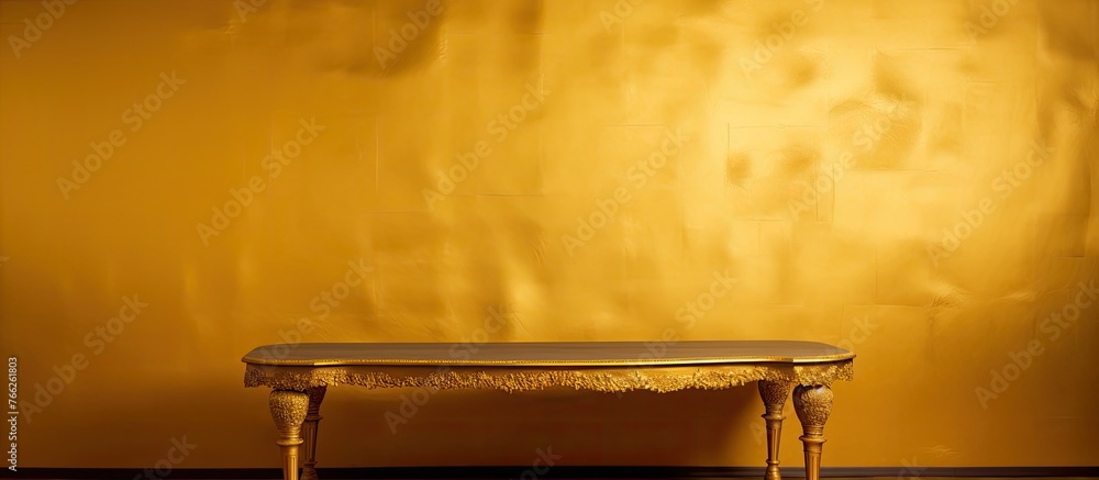 Poster a table is positioned against a wall with a shimmering golden background, creating an elegant and lu