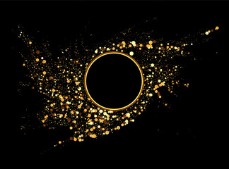 Golden circle of shiny particles on a black background. Shining golden frame, place for text. Festive round border, frame.