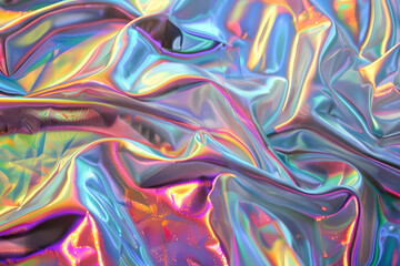 Holographic abstract pattern, wrinkled fabric background. Multicolor gradient foil linen