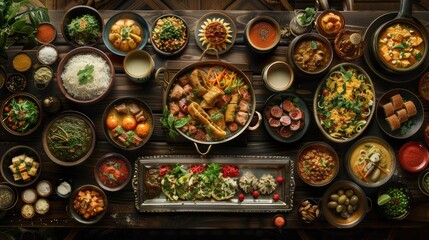 Extensive Homemade Feast with Diverse Assortment of Delectable Dishes Arranged on a Rustic Wooden Table