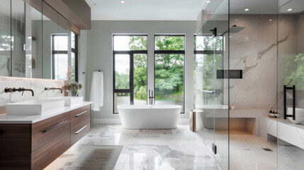 A contemporary bathroom with a floating vanity, a walk-in shower with glass doors, and a freestanding bathtub positioned in front of a picture window