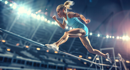 A high jump competition with an athlete jumping over the bar - Powered by Adobe