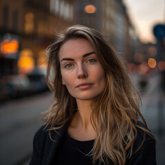 Portrait of beautiful blonde scandinavian  woman model on the street of  Stockholm 