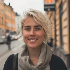 Fototapeten Portrait of beautiful blonde scandinavian  woman model on the street of  Stockholm  © Bogna