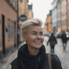 Portrait of beautiful blonde scandinavian  woman model on the street of  Stockholm 