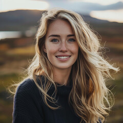 portrait of beautiful blonde woman model outdorrs, scandinavian landscape