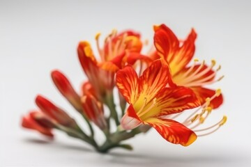 A white background isolates a closeup of the crocosmia flowers, also known as montbretia. Selective focus.