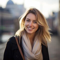 Portrait of  young beautiful blonde woman model on the street of London