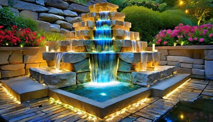 fountain in the park.a realistic depiction of a tiered bowls floor-stacked stone waterfall fountain enhanced by LED lights. The artwork portrays the natural beauty of the stone structure and the tranq