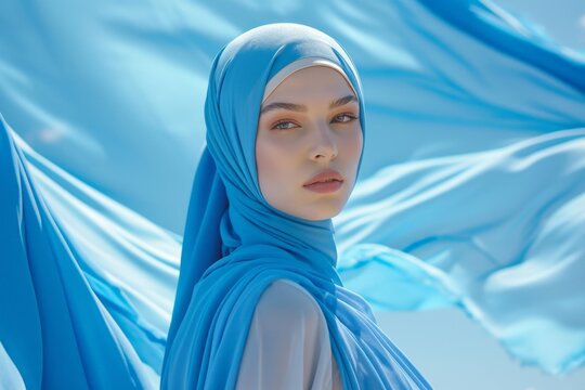 Beautiful young Muslim woman wearing blue hijab with flowing fabric on blue sky background against picturesque view of nature