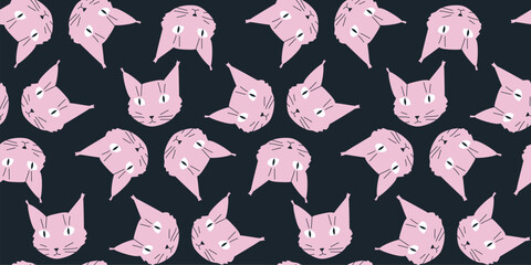 Seamless vector illustration pattern. Pink cat heads repeating. Cute hand drawn pets as wrapping paper template.