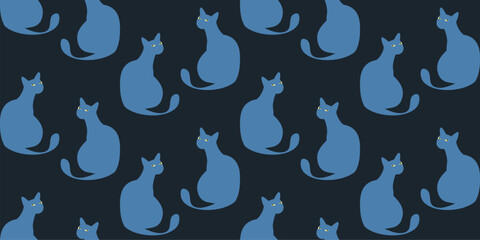 Simple cat silhouette seamless pattern. British shorthair or russian blue kitty as repeating texture. Elegant wallpaper template. Vector illustration.