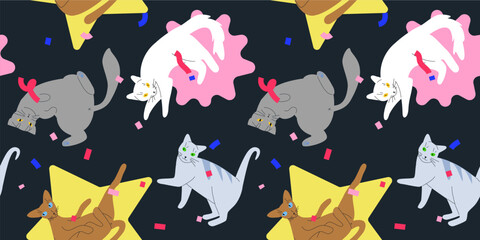Celebration cat seamless pattern. Event party repeating texture. Festive cats with confetti and abstract forms vector illustration. Wrapping paper template. Birthday or new year background.