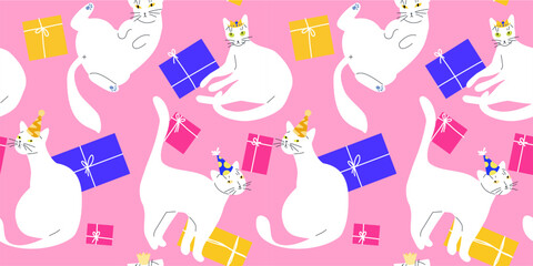 Party cat seamless pattern. Event celebration repeating texture. Cute pets with bright presents vector illustration. Festive wrapping paper template. Birthday or new year background.
