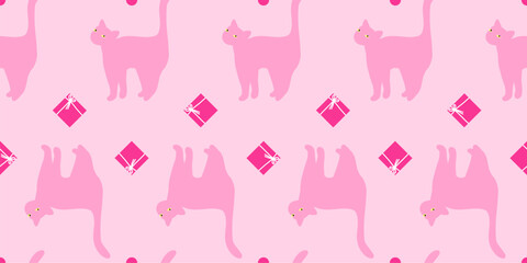 Seamless birthday cat pattern. Cute repeating texture with funny pink kitty and presents. Festive wrapping paper template. Birthday or new year background.