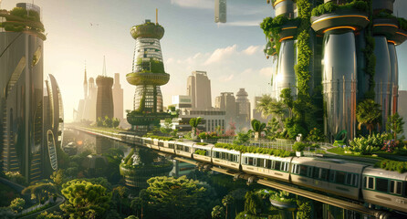 A futuristic cityscape with greenery covered buildings, walking paths and electric vehicles on flying bridges. In the background is an urban landscape of tall skyscrapers and lush trees