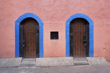 colorful doorway entrances in street of old town Marrakesh, Morocco