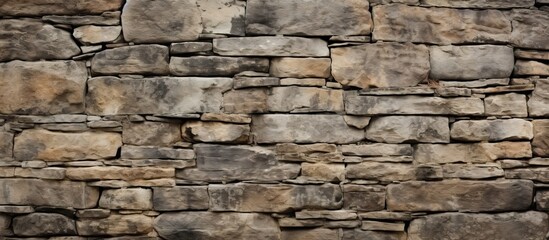 A detailed view of a brickwork stone wall with numerous rectangular bricks. This building material has a rich history and is made from natural bedrock and composite materials