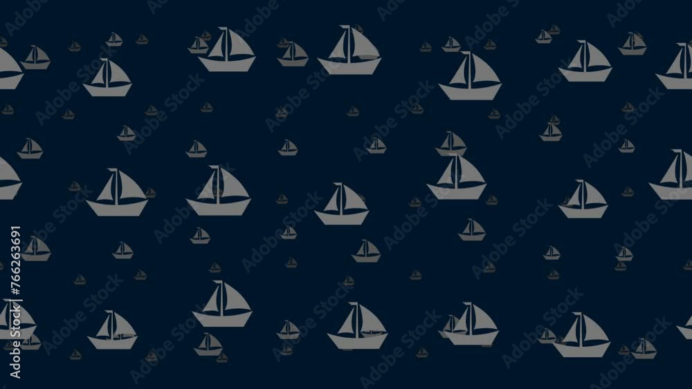 Poster sailing boat symbols float horizontally from left to right. parallax fly effect. floating symbols ar