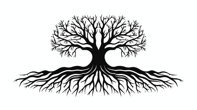 Black Tree Roots. Vector outline Illustration. Plant