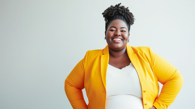 Beautiful Plus Size Black Woman at Office, Casual Clothes. Confident, Outgoing, Smiling. Successful Business Person, Educated Professional. Equality, Diversity at Work, International Company, Career. 