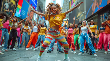 Dancing in the streets of New York. Cheerful woman dancing modern dance with group of colleagues 
