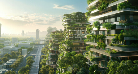 A futuristic cityscape with greenery covered buildings, walking paths and electric vehicles on flying bridges. In the background is an urban landscape of tall skyscrapers and lush trees - obrazy, fototapety, plakaty