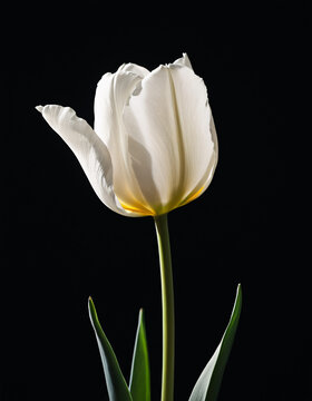 A white tulip isolated on a black background.