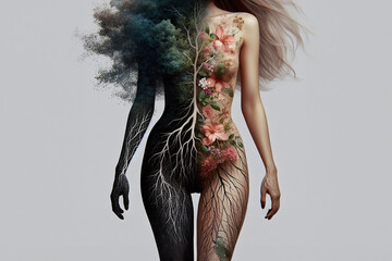 Mother Nature, young woman composed of green leafs, trees and flowers. generative ai