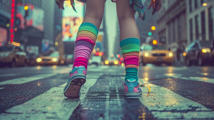 Teenager dancing running through the streets of new york. Closeup on legs in colorful stockings
 - obrazy, fototapety, plakaty