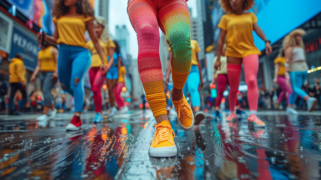 Dancing in the streets of New York. Women dancing modern dance, legs closeup
