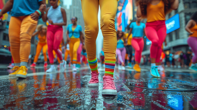 Dancing in the streets of New York. Women dancing modern dance, legs closeup
