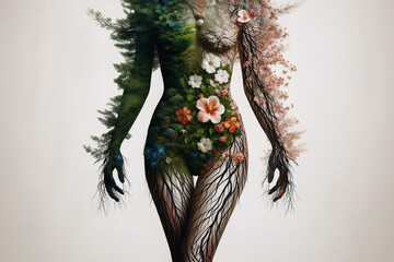 Mother Nature, young woman composed of green leafs, trees and flowers. generative ai