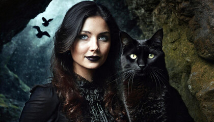 Fototapeta premium Dark gothic woman with black cat in a dark cave with crows flying outside.