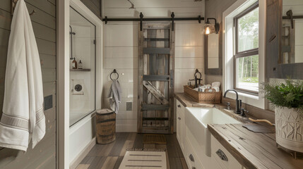 A modern farmhouse bathroom with barnwood accents, a trough sink, and a sliding barn door leading to a walk-in shower