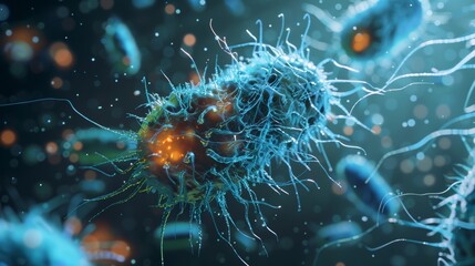 A compelling and detailed visualization showcases the attack of cancer cells in a vibrant, dynamic manner