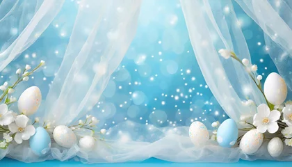 Foto op Plexiglas Dekoracja na Wielkanoc, kartka wielkanocna, niebieskie tło, puste miejsce na tekst, życzenia © anettastar
