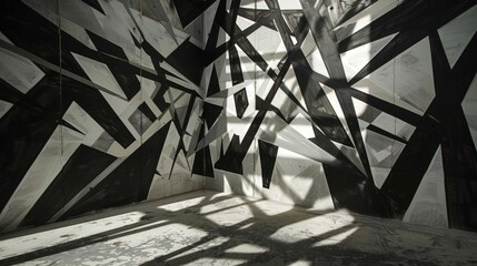 An intricate geometric art piece dominates the view, with detailed black and white contrasts casting sharp shadows