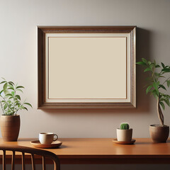 Blank picture frame mockup on a wall. Horizontal orientation. Artwork template in interior design generated by AI.