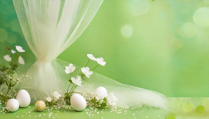 Dekoracja na Wielkanoc, kartka wielkanocna, celebracja, zielone tło, puste miejsce na tekst, życzenia