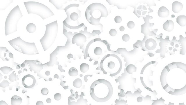 animation of collection white gears of various sizes interlock and overlap, creating an intricate, mechanical pattern. white color