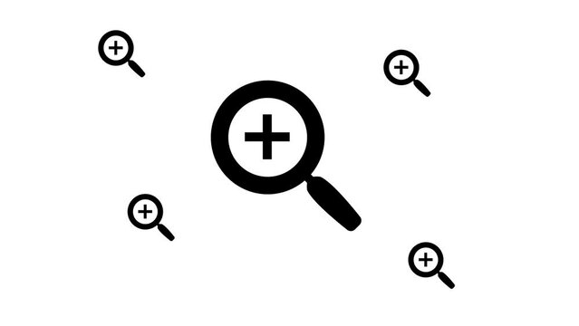 Zoom in and out animation the zoom in symbol. Large black symbol in the center and four small symbols around. Seamless looped 4k animation on white background