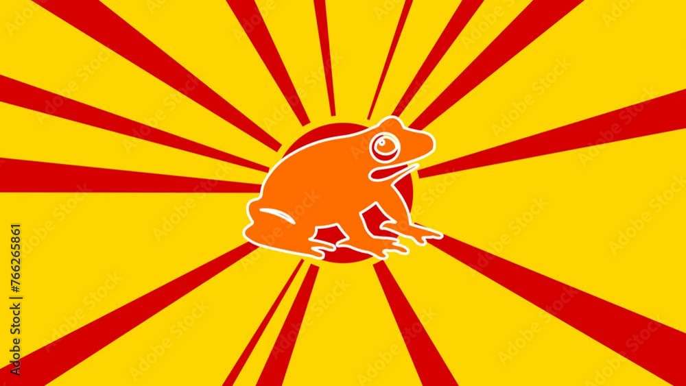 Poster funny frog on the background of animation from moving rays of the sun. large orange symbol increases