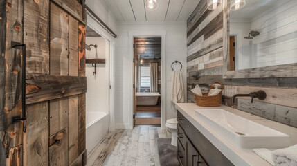 A modern farmhouse bathroom with barnwood accents, a trough sink, and a sliding barn door leading to a walk-in shower