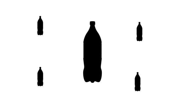 Zoom in and out animation the plastic bottle symbol. Large black symbol in the center and four small symbols around. Seamless looped 4k animation on white background